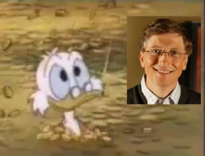 Scrooge McDuck and Bill Gates Swimming in Gold Coins
